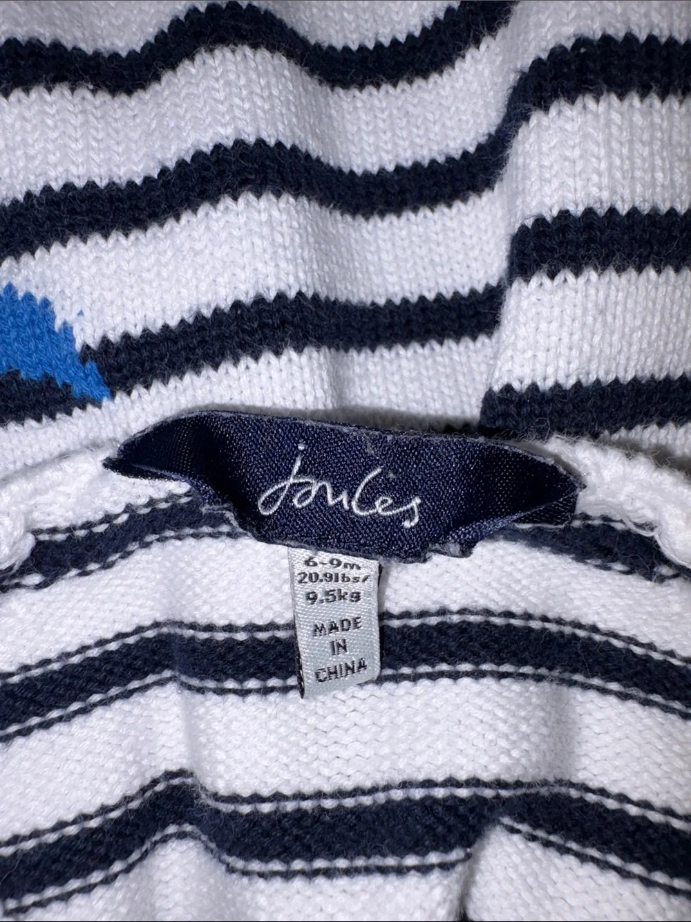 Joules Navy & White Striped Sweater with Blue Dinosaur 6/9m